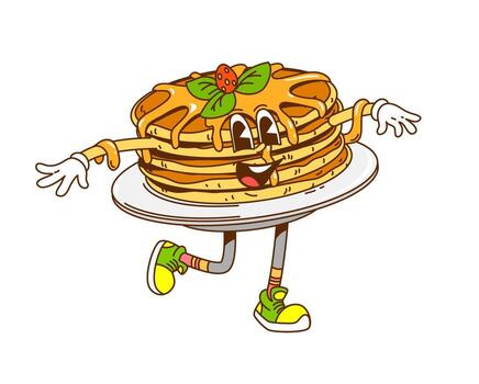 Retro cartoon groovy stack of pancakes with syrup vector