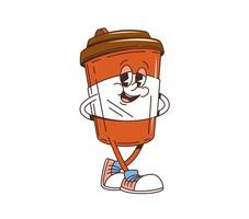 Cartoon retro groovy takeaway coffee cup character vector