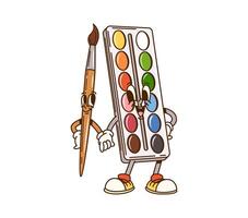 Groovy paint palette and brush school characters vector
