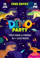 Dino party flyer of dinosaur astronauts characters vector