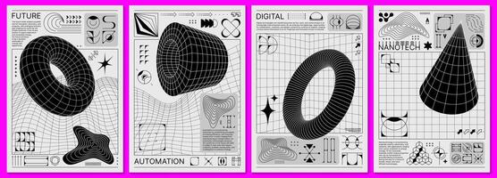 Brutalism posters with retro grid and y2k shapes vector