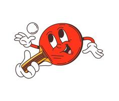 Cartoon retro groovy table tennis racket character vector