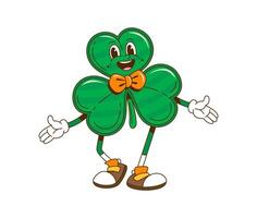 Cartoon retro groovy shamrock clover character vector