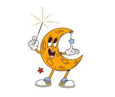 Cartoon retro groovy moon character with sparkler vector
