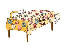 Cartoon table groovy character with tablecloth vector