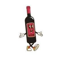 Cartoon groovy red wine bottle retro character vector