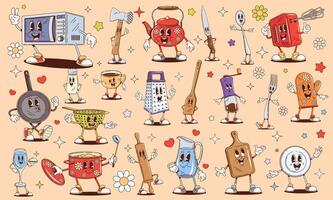 Retro cartoon groovy kitchenware characters vector