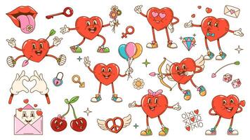 Retro groovy valentine and love heart characters vector