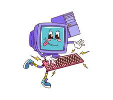 Retro groovy computer monitor character typing vector