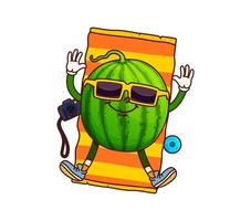 Groovy watermelon character sunbathing on beach vector