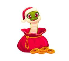 Cartoon snake character sits inside red money bag vector