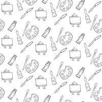 Seamless pattern with doodles of drawing palettes, brushes and paints on a white background. vector
