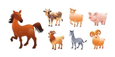 Set of illustrations of livestock, horse, cow, sheep, ram, pig, goat, donkey, realistic in 3d style. vector