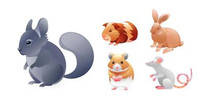 Set of illustrations of rodents, squirrel, rat, guinea pig, hamster, rabbit, realistic in 3D style. vector