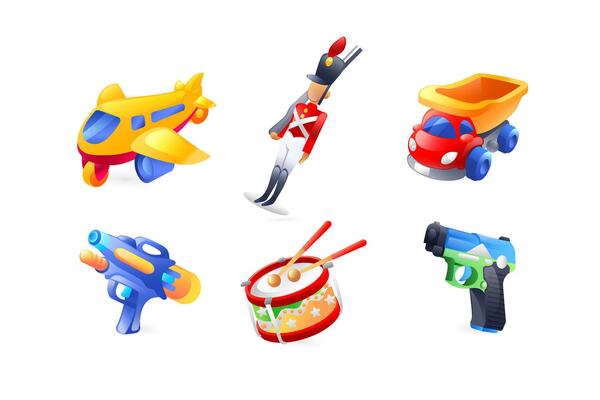 Set of illustrations of children's toys for boys, soldier, toy plane, toy gun, toy dump truck, water gun, drum, realistic in 3d style.