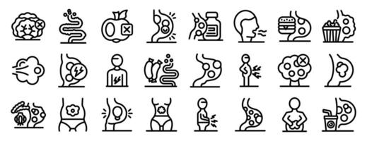 Bloating icons set. Patients suffering from bloating, abdominal vector