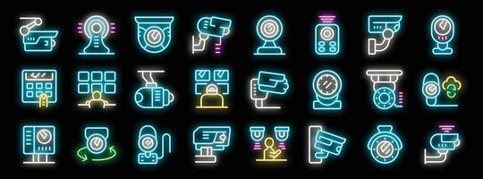Neon icons representing surveillance systems and security cameras vector