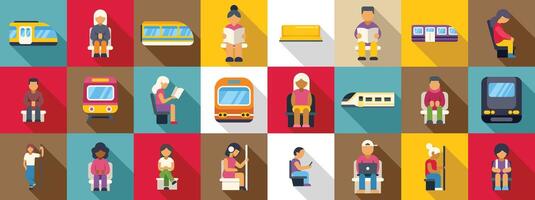 People inside subway icons set. Passengers sitting and relaxing while using public transport vector