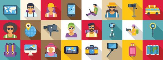 Travel blogger icons set. Travel bloggers and vloggers preparing content, filming and photographing around the world vector