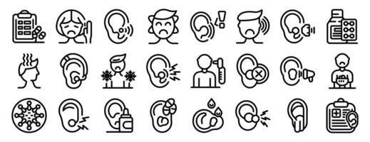 Otitis symptoms icons set. Patients suffering from various ear d vector