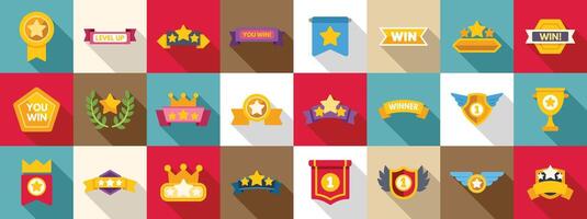 Victory game screen icons set. Level up winner icons showing champion and winning competition vector
