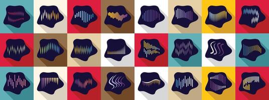 Northern lights icons set. Colorful digital equalizer icons representing audio signals and sound waves vector