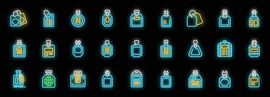 Neon icons of tags, labels and badges representing identification, pricing and travel vector