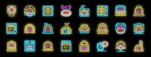 Set of bright neon style pizzeria and bakery oven icons representing cooking and baking vector