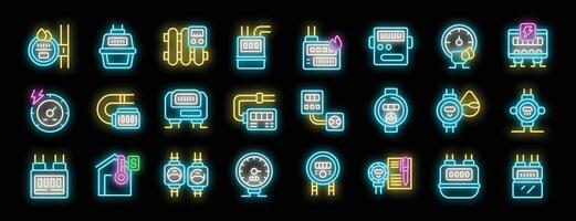 Neon icons of electricity, water, and gas meters measuring consumption and usage vector