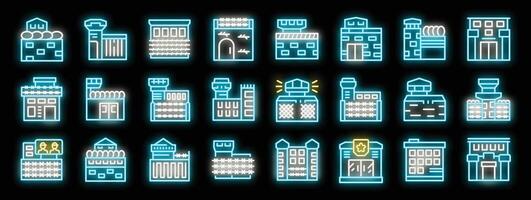 Glowing neon prison building icons representing incarceration and detention vector