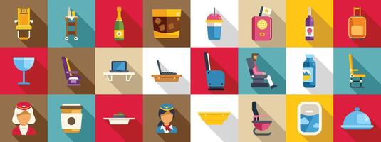 Airplane first class icons set. Airplane travel icons showing passenger enjoying comfort and amenities vector