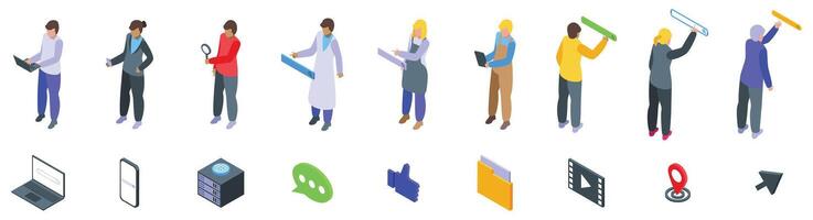 People clicking internet search icons set. People working and in vector