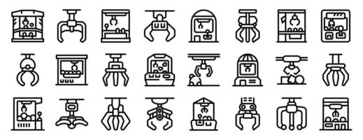 Claw machine game icons set. Claw crane machines grabbing toys a vector