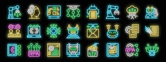 Robotic process automation neon icons featuring manufacturing, machine learning, and artificial intelligence vector