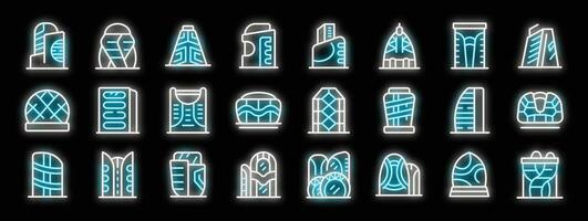 Futuristic buildings glowing with neon lights, modern architecture icons set vector