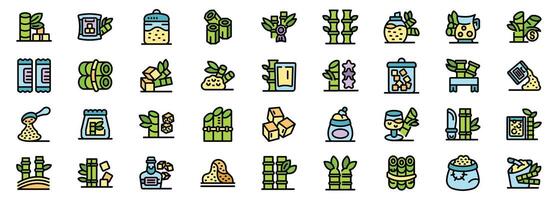 Bamboo sugar production process and various products in filled outline style vector