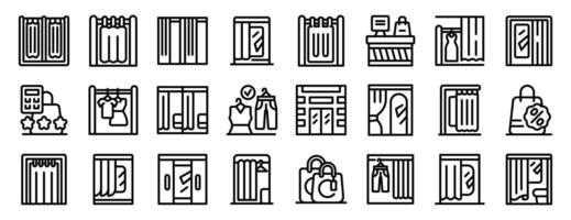 Fitting room icons set. Fitting room icons showing customers try vector
