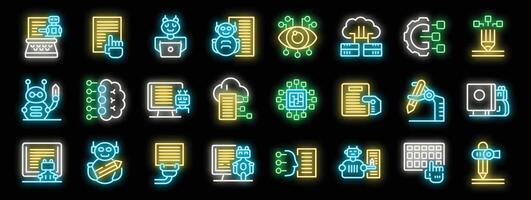 Ai content writing, robot journalism, automated storytelling, and creative machines, neon icons depicting the future of writing vector