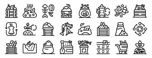 Composting icons set. Compost bin, organic waste composting and vector