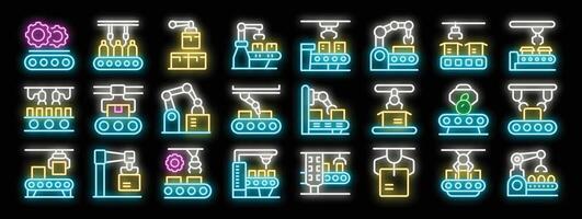 Conveyor belt automation and robotic arm handling packages in production line neon icon set vector