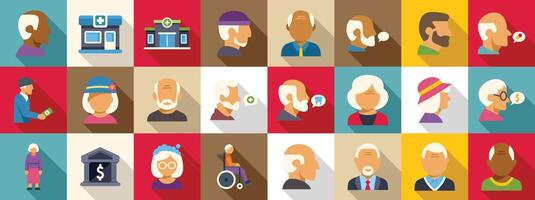 Senior client icons set. Elderly people enjoying retirement and engaging in various activities vector