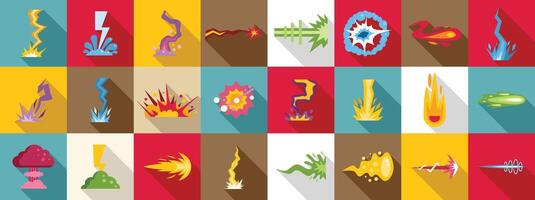 Magic power strike effect icons set. Collection of explosion and impact icons representing various effects and animations vector