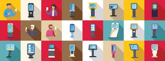 Electronic queue equipment icons set. People using and showing interactive terminal kiosk and digital signage vector