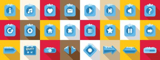 Gui elements snow icons set. Set of game buttons covered with snow representing various actions vector