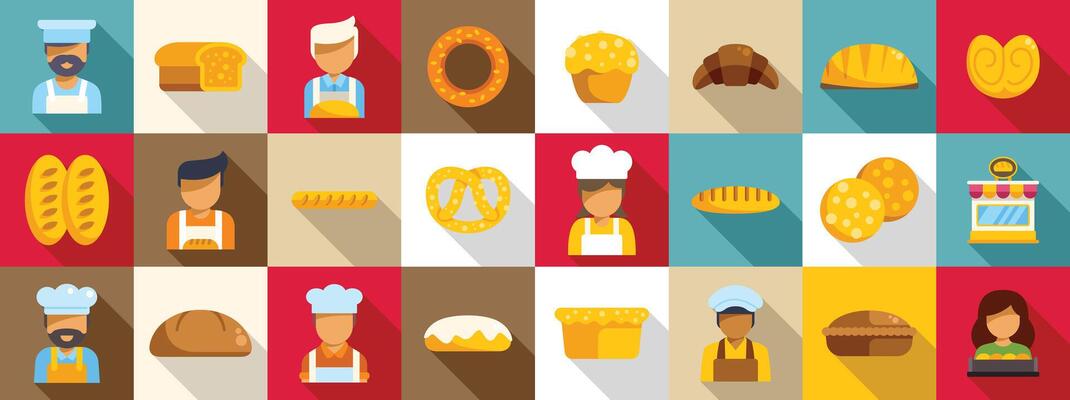 Baker selling bread icons set. Bakers preparing bread, pastries and cakes in bakery shop