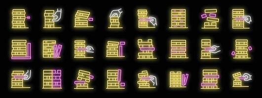 Neon icons of hands playing block stacking game, building and removing wooden blocks vector