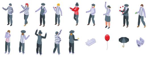Mime performing pantomime icons set. Mime artists performing, ju vector