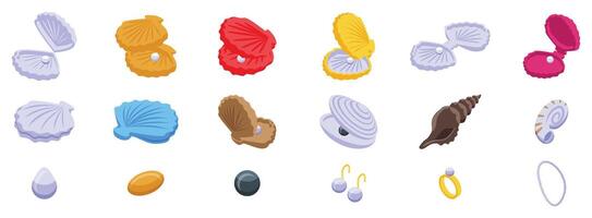 Seashells pearls icons set. Colorful shells and pearls collectio vector