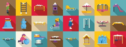 Winter playground icons set. Children having fun in winter playground icons set vector