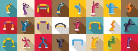 Inflatable advertising icons set. Inflatable tube men and arches waving and dancing for marketing and events vector
